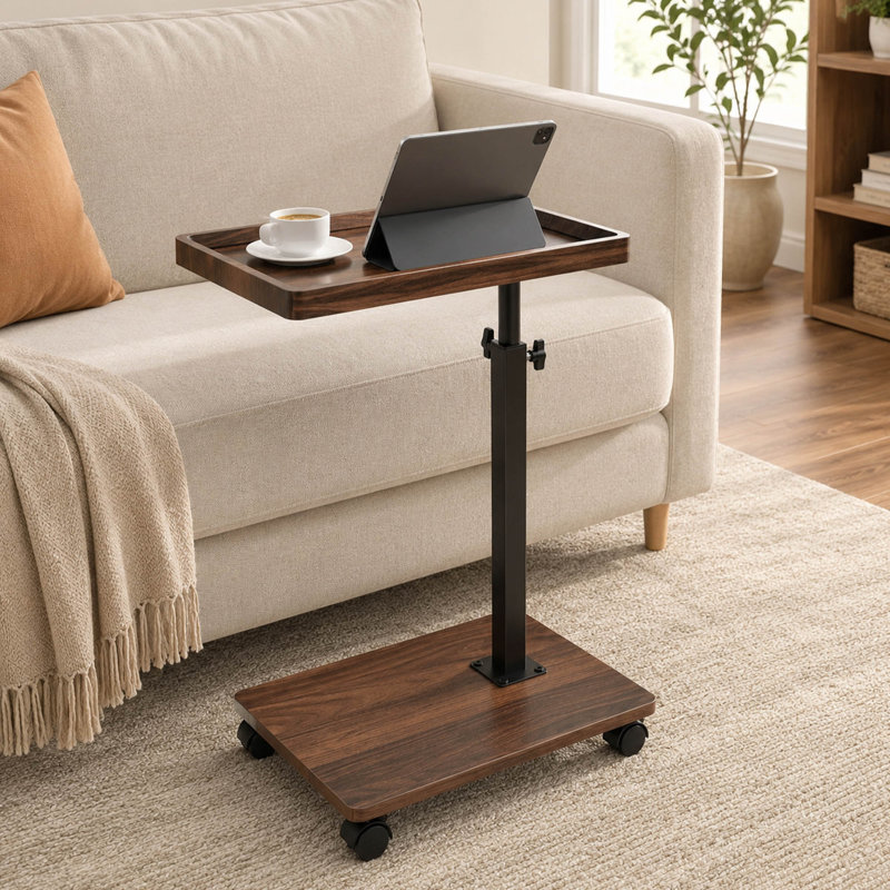 Table de bout réglable en forme de C avec plateau pivotant et roulettes