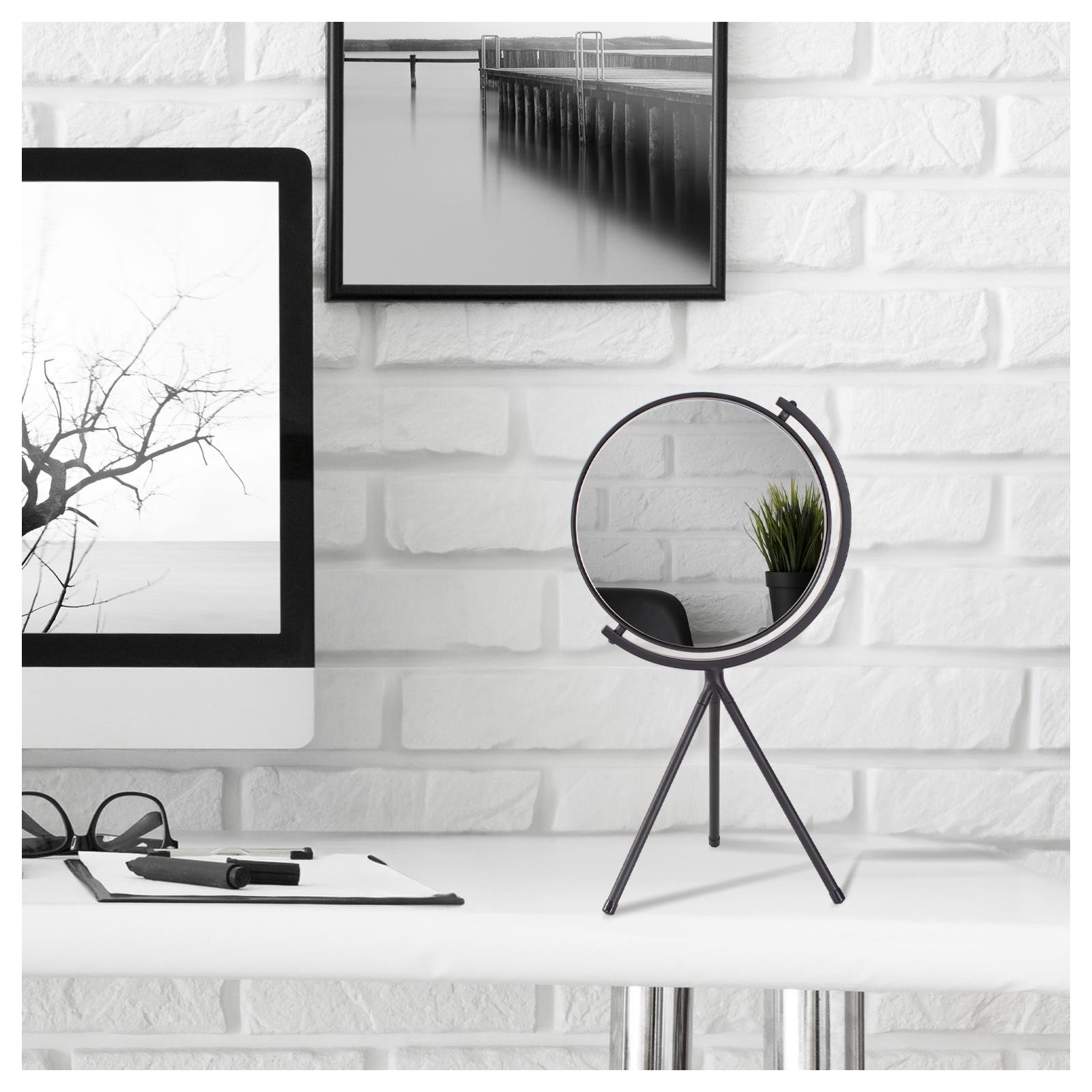 Hatch Matte Black Round  Tabletop Mirror on Metal Tripod