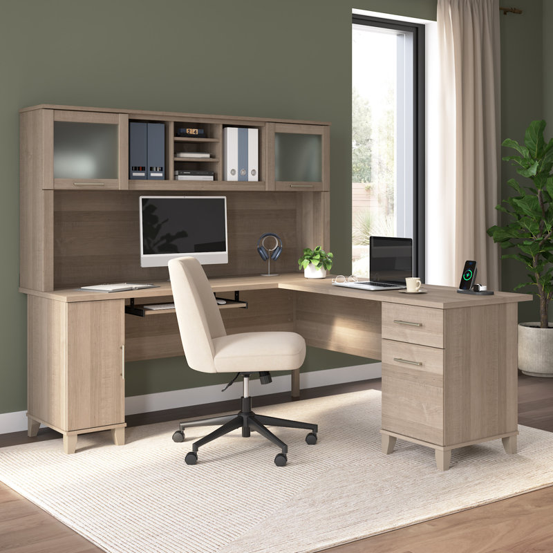 Bureau en L de 72 po avec huche et rangement Paelynn, bureau d'ordinateur de coin, bois moderne, gris cendré, Gris cendré