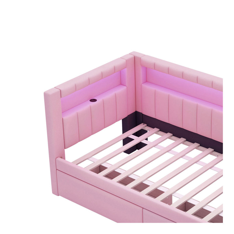 Lit plateforme tapissier simple avec ports USB et ceinture à DEL, avec 2 tiroirs, rose, Rose
