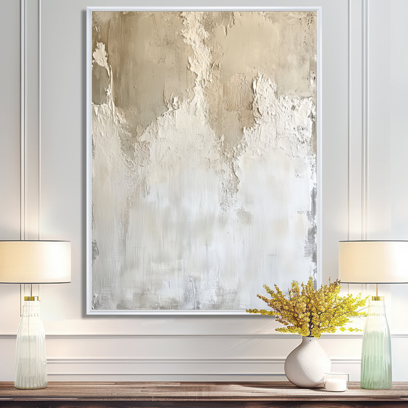 Couches de peinture en plâtre beige doux II - décoration murale minimaliste beige, H 44 po x l 34 po, Cadre flottant blanc