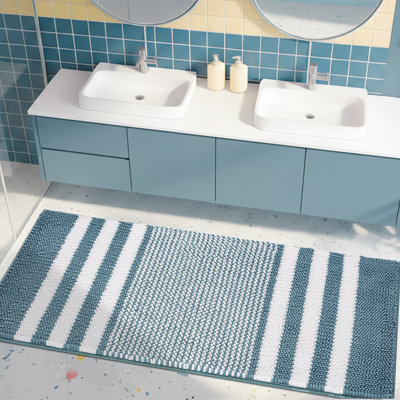 Modern Striped Chenille Bath Mat with Non-Slip Backing
