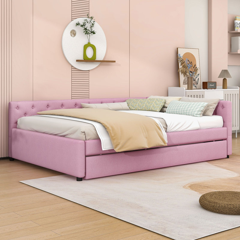 Lit de jour rembourré capitonné double TG avec lit gigogne simple TG, Rose