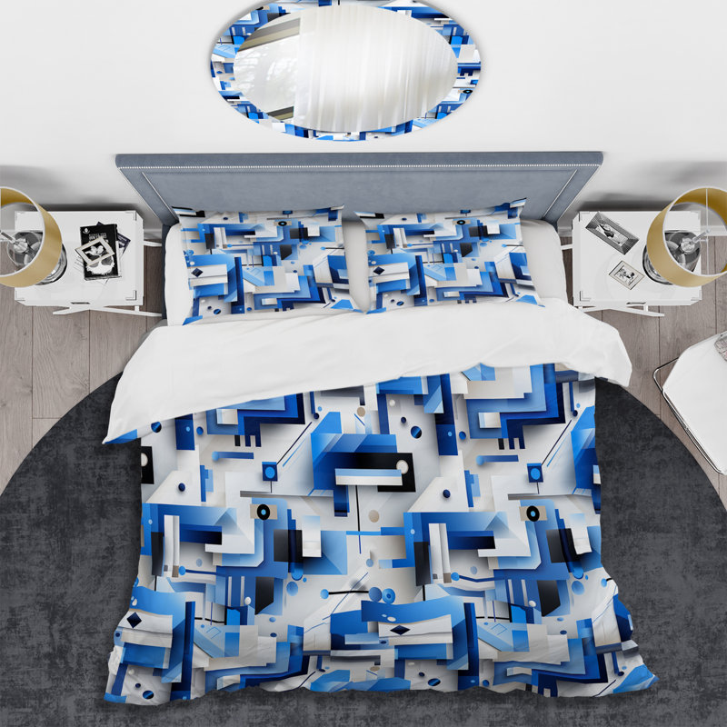 Ensemble de housse de couette en microfibre Abstract Blue and White Symmetry