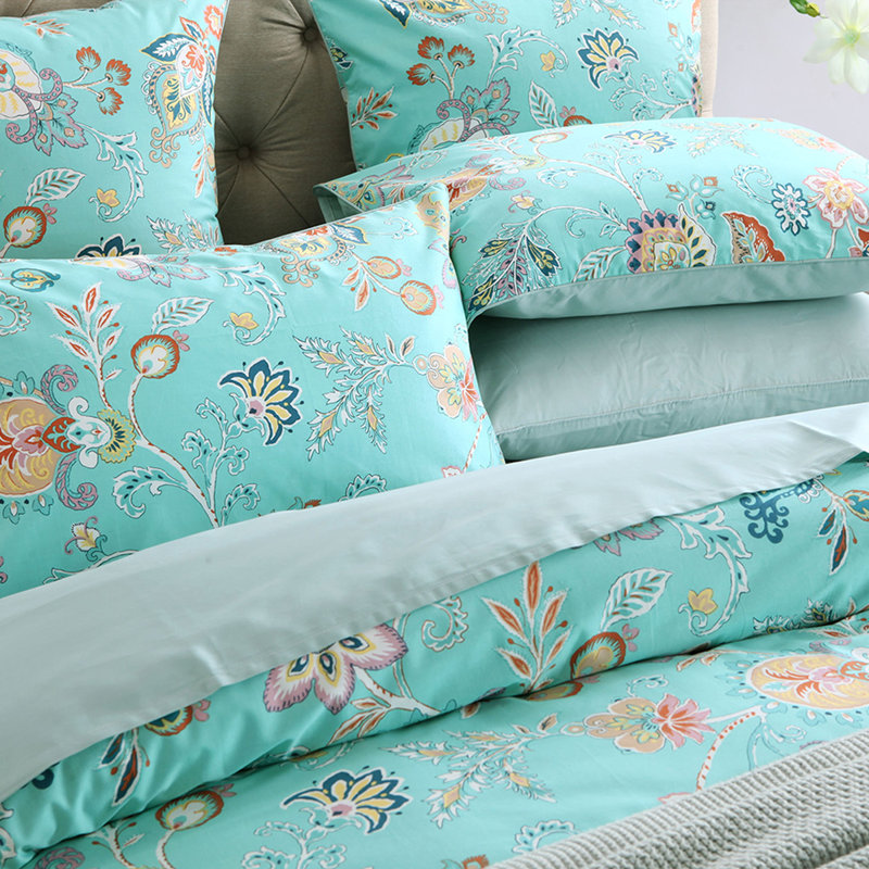  800TC 100% Egyptian Cotton Duvet Cover Set，3pcs Vintage Cyan Paisley Floral Bedding Set, Breathable And Skin-friendly, Aesthetic Botanical Pattern for Bedroom Guest Room All Seasons