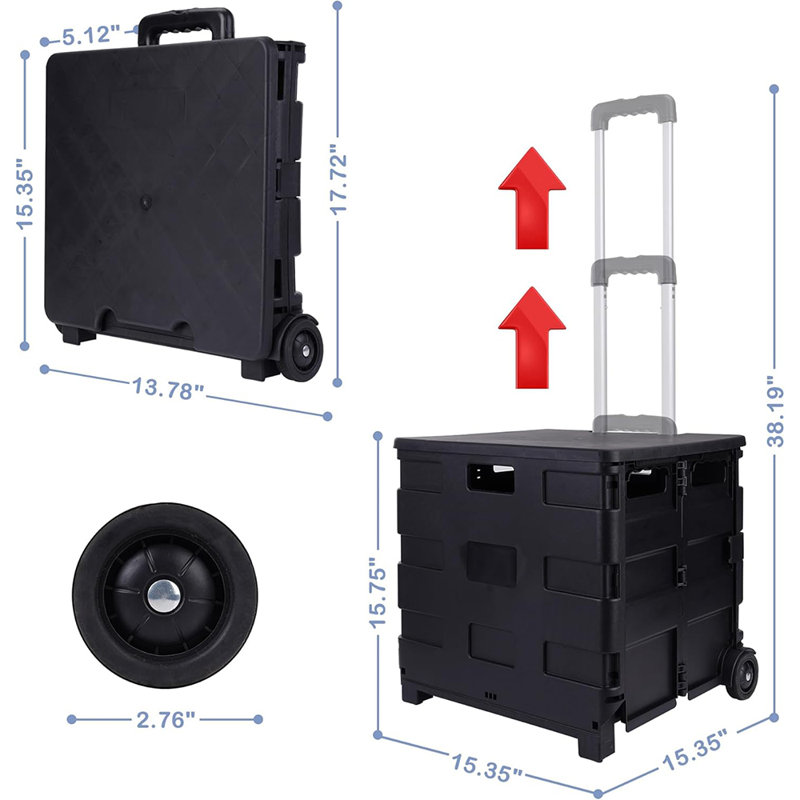 Étui de rangement en plastique robuste, avec roulettes, poignée rétractable, pliable et réglable, Noir