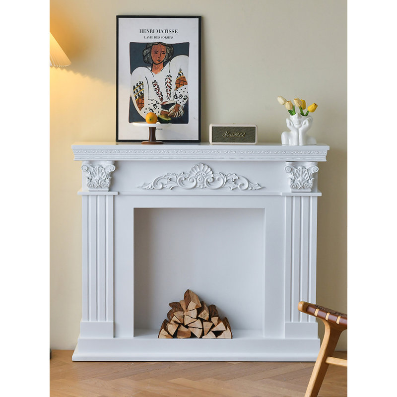 Manteau de cheminée rétro en bois massif sculpté de style européen, Blanc