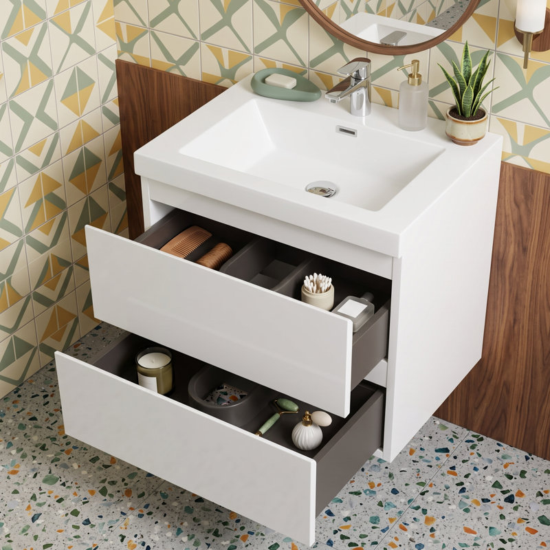 Meuble-lavabo suspendu de 61 cm (24 po) en mélamine en bois avec lavabo intégré en résine, armoire de salle de bain blanche avec tiroirs à fermeture douce et poignées invisibles