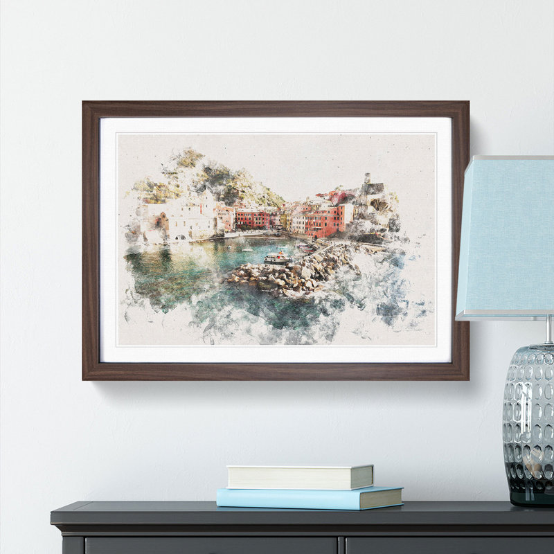 Boats in Vernazza Italy - Picture Frame Graphic Art Print, 36cm H x 48cm W x 2cm D, Walnut Framed