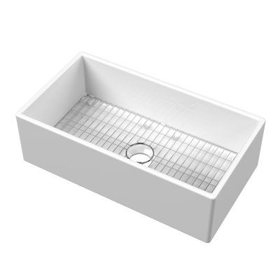 Nuie Kitchen Sink with Grid, 33 inch Single Bowl Apron Front Farmhouse Sink, Fireclay Ceramic Finish Kitchen Sinks, Central Waste - 33x18x10" (White)