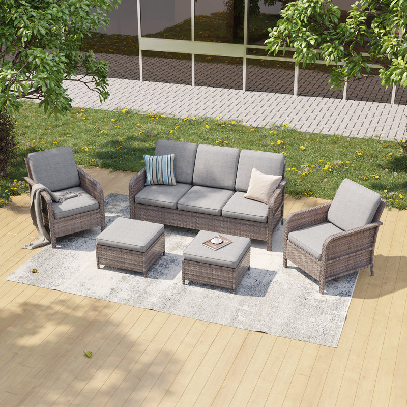 5 Piece Patio Sofa with Ottomans Set, Linen Gray