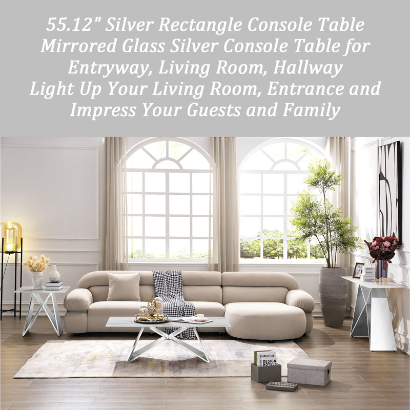 55 Inch White Tempered Glass Console Table With Mirrored Silver M-Shaped Base