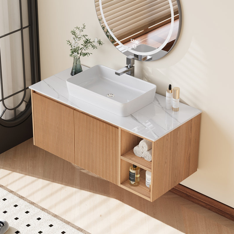 Meuble-lavabo flottant simple 36 po avec lavabo, lavabo mural avec vasque en pierre frittée blanche, lavabo en céramique, tablettes ouvertes et armoire