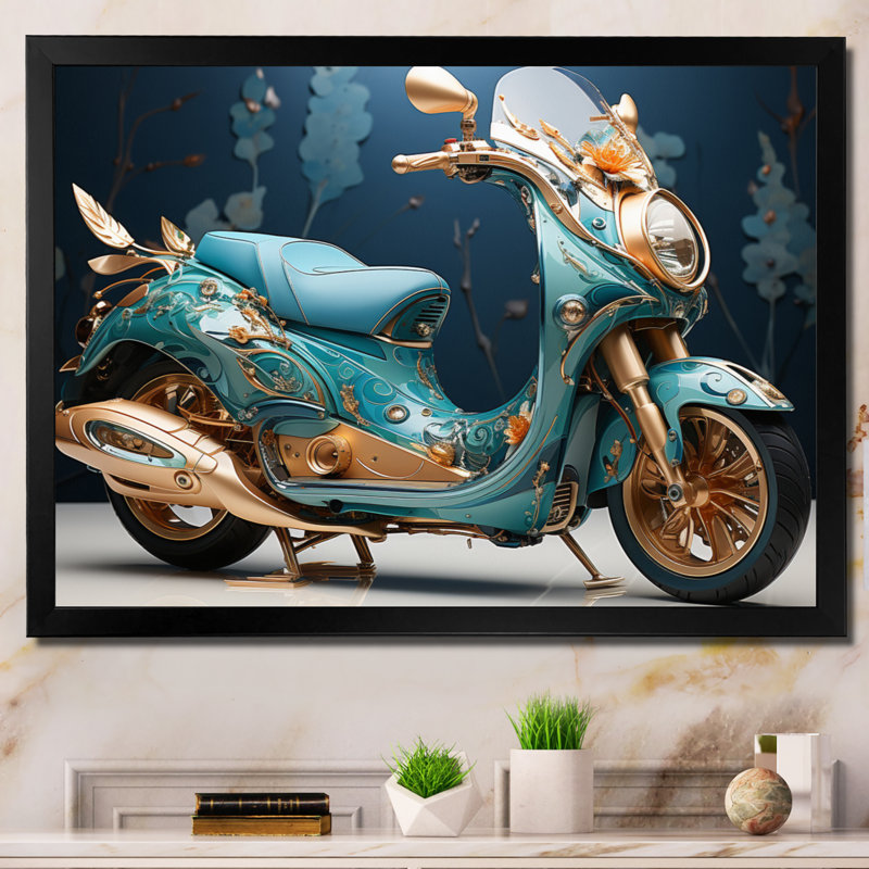 Turquoise, or, scooter personnalisé, croiseur sur toile I, H 16 po x l 32 po x P 1 po, Cadre simple noir