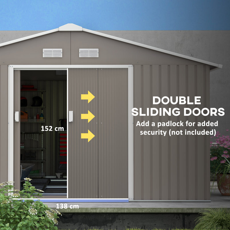 Outsunny 13 x 11ft Metal Garden Shed, Outdoor Storage Tool House with Ventilation Slots, Foundation Kit and Lockable Double Doors, Grey