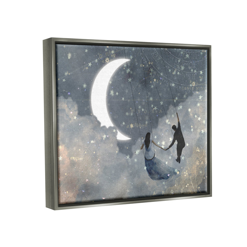 Toile grise et bleue, "Love Sky Swinging" par le croissant de lune et les étoiles, art mural par Victoria Borges