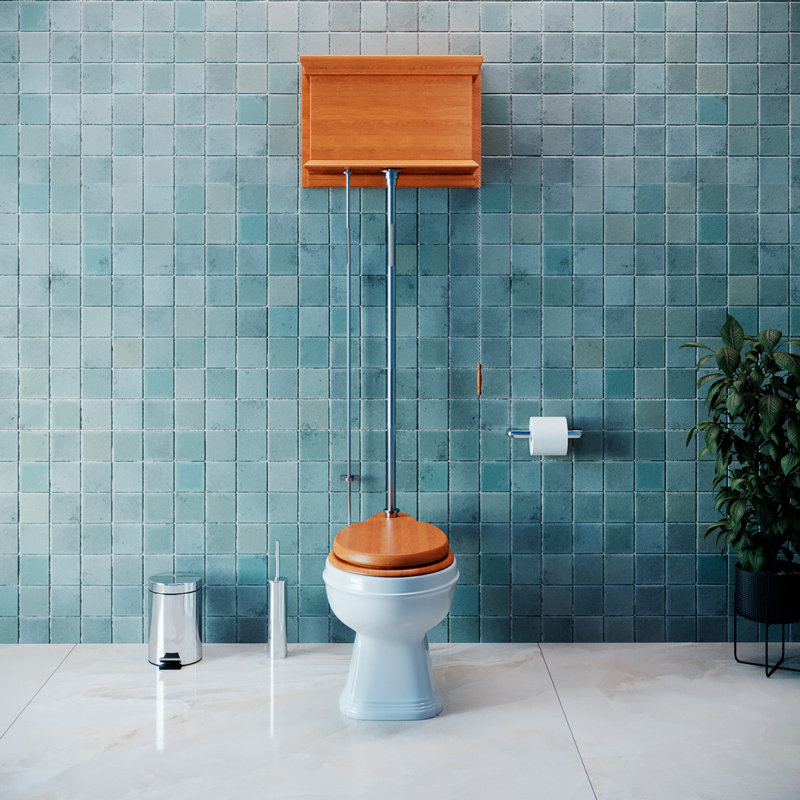 The Renovators Supply High Tank Pull Chain Toilet with Light Oak Wooden Finish (Seat Not Included)