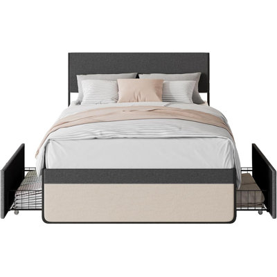 Grand lit plateforme tapissier avec rangement, tête et pied de lit, sans bruit