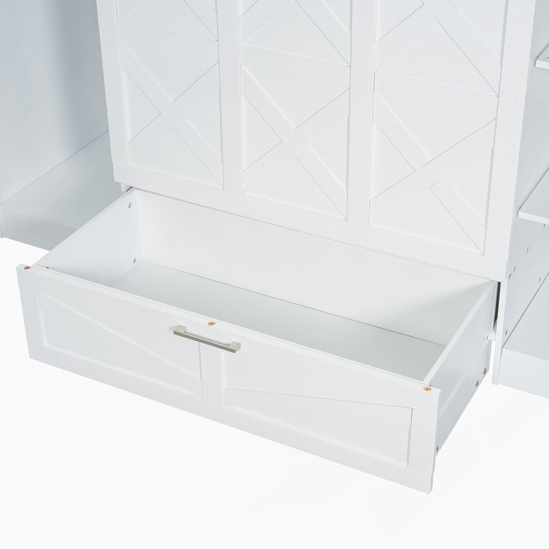 Lit escamotable simple avec tablettes de chevet et garde-robe, blanc