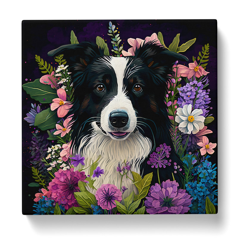 Border Collie Floral - Wrapped Canvas, 50cm H x 50cm W x 3cm D