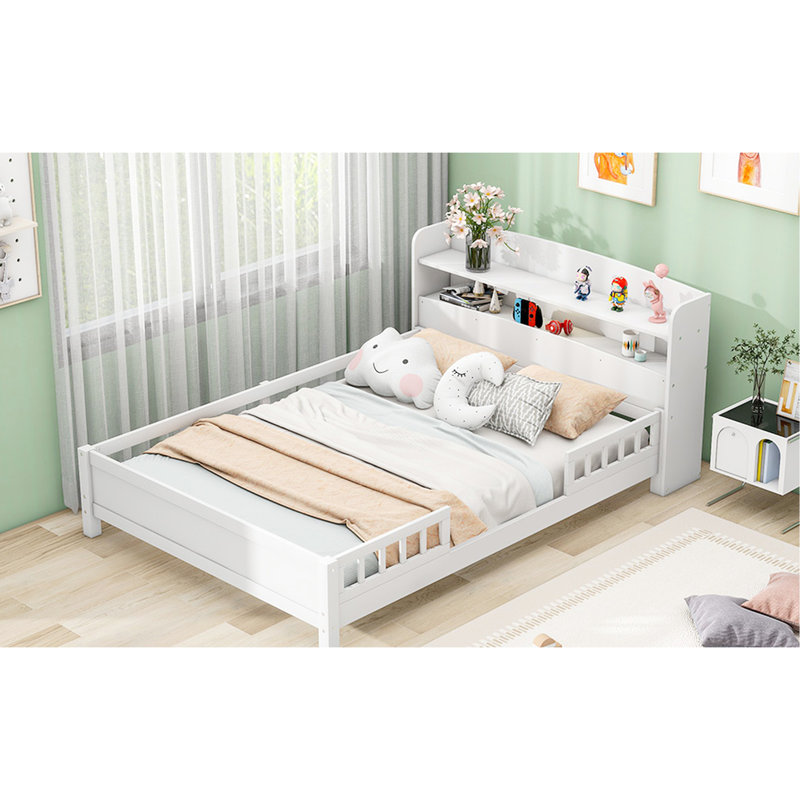 Lit plateforme en bois avec DEL, rangement pour tête de lit et garde-corps, caractère blanc pleine grandeur, Lit double