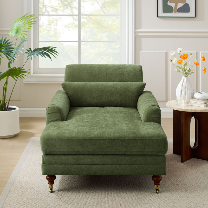 Erbes 37.01" W Chenille Upholstered Solid Wood Chaise Lounge, Olive