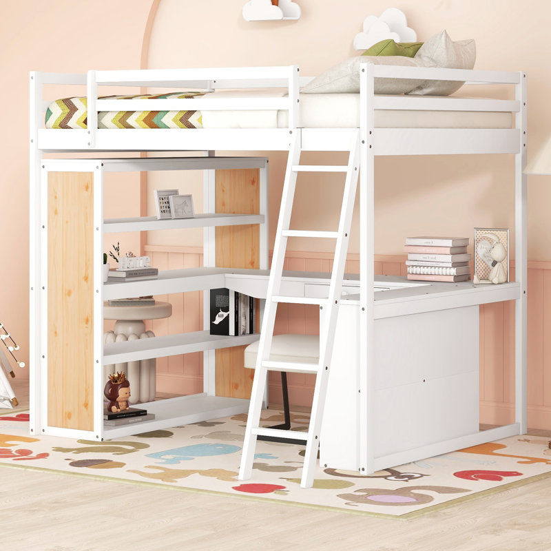 Lit mezzanine avec échelle, tablettes et bureau, Blanc, Lit double