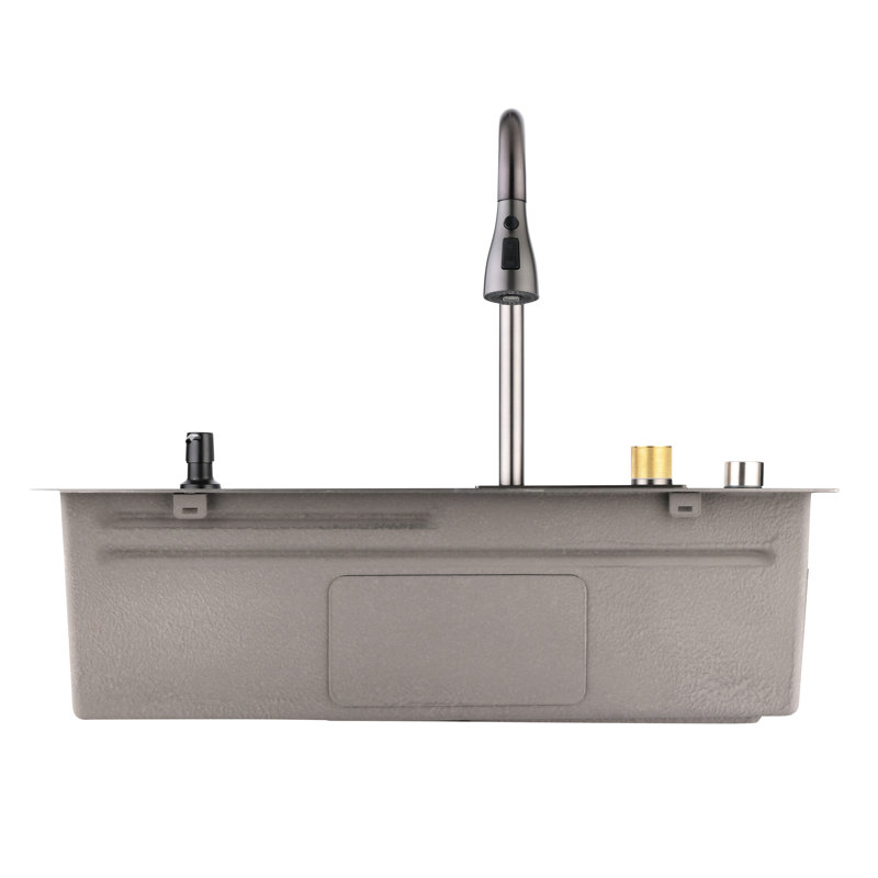 Nano 304 Stainless Steel Dish Basin - Single Slot Kitchen Sink With Rubber Dampening Pads Gray Flying Rain Waterfall Style Mounting Kit
