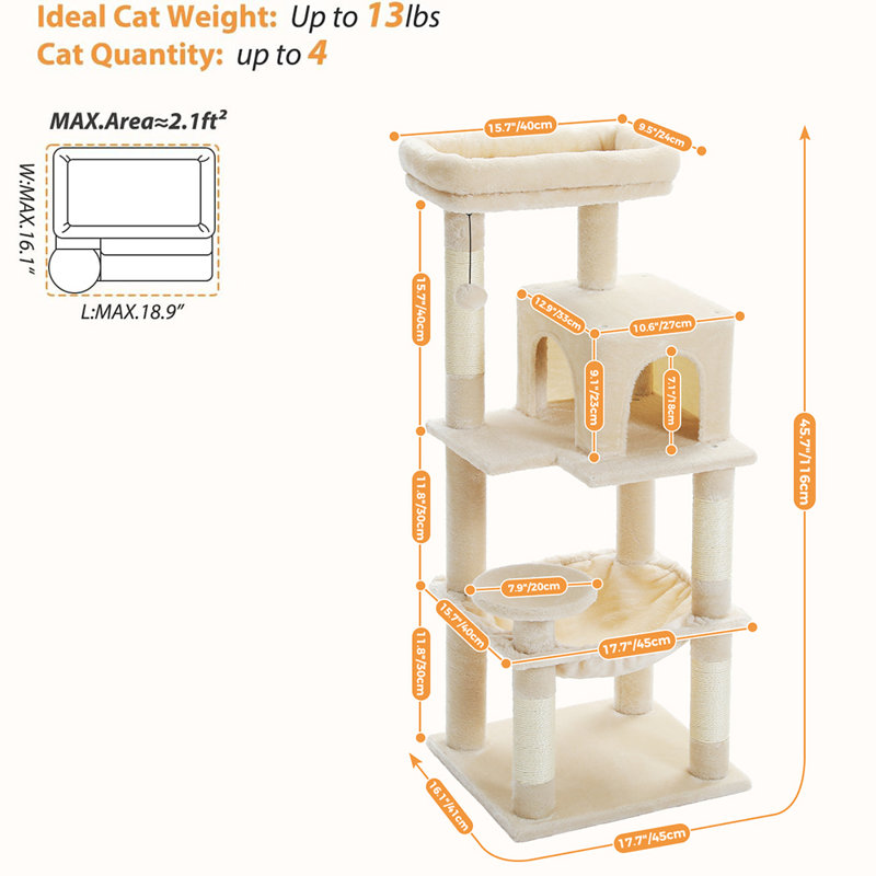 Grand arbre à chat Evleyn pour chat d'intérieur, tour pour chat multi-niveaux avec hamac très grand, Beige