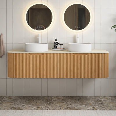 Bathroom Vanity&Sink, Floating Curved Edge Striped Cabinet With 2 Drawers, 2 Round Ceramic Basins&Travertine-Pattern Sintered Stone Top, Pre-Assembled