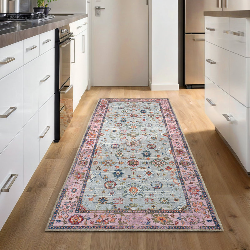 GLN Rugs Traditional Collection - Machine Washable Area Rug, Traditional Washable Rug, Non Slip Washable Rug, Low Pile Chenille Living Room Rug, Bedroom Rug, Kitchen Rug (Pink and Gray Rug)