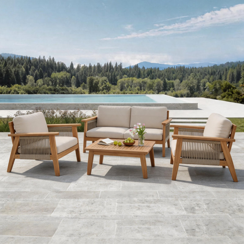 Modern Acacia Wood Outdoor Conversation Set With Beige Cushions