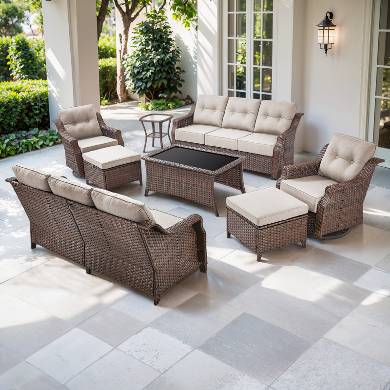 Acton 8 - Person Outdoor Wicker Sofa Seating Group With Ottomans And 6" Thick Cushions, Beige
