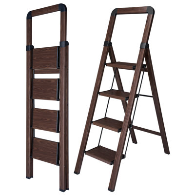 4-Step Aluminum Folding Step Ladder, 330 lbs Capacity, Anti-Slip Wide Pedals, Lightweight Step Stool for Home, Kitchen and Office, Walnut Wood Grain