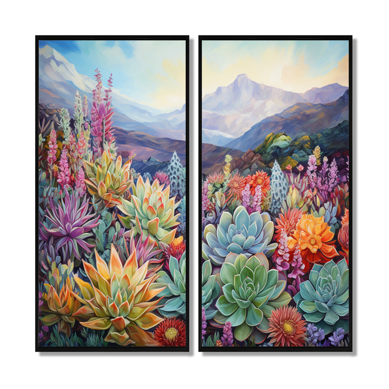 Green Succulent Desert Charm - Succulent Wall Art Decor, Green Floral Canvas Print Set Of 2, 36" H x 48" W, Black