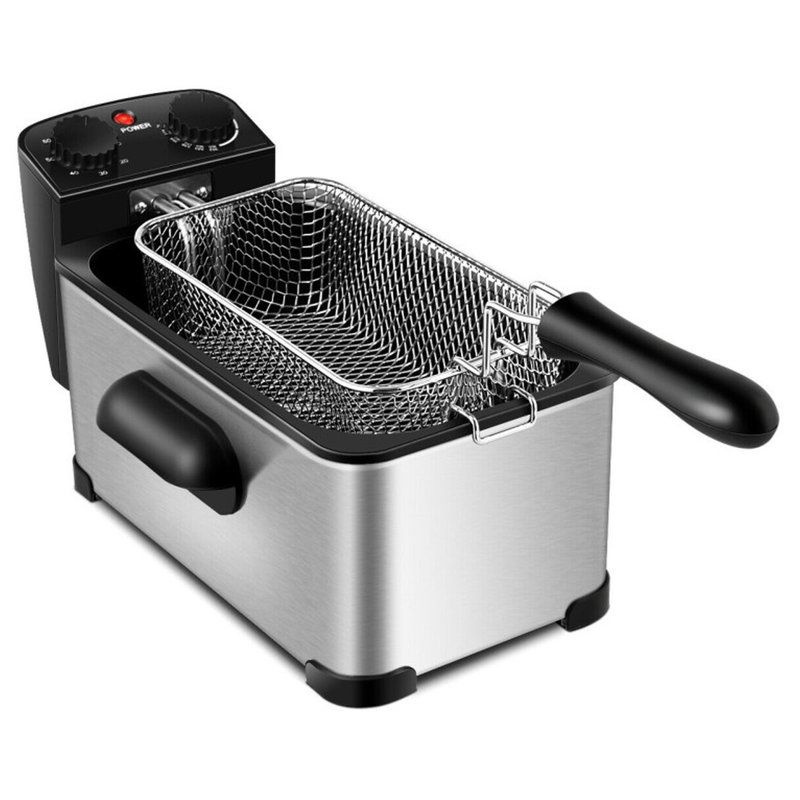 3.2-Quart Electric Deep Fryer with 1700W Heating Element, 60-Minute Timer, Adjustable Temperature and Removable Basket, Silver and Black
