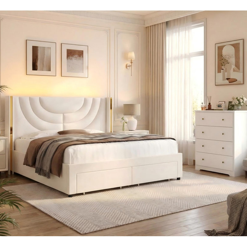 2-Piece Bedroom Sets, LED Light Upholstered Bed with 2 Drawers, 37" 4-Drawer Chest, Wall Wash Lighting Velvet Platform Bed with Storage