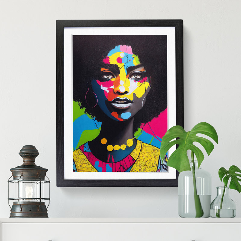 FRM-V0523-2935X Woman With Afro Graffiti Art - Single Picture Frame Print, Black, 34cm H x 25cm W x 2cm D