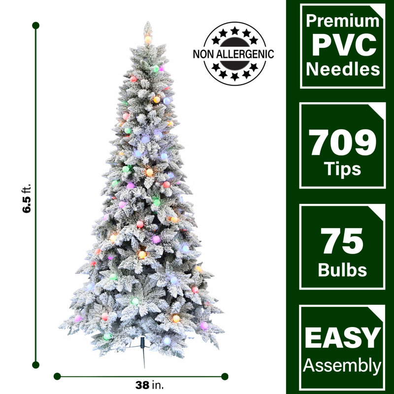 6.5-Foot Slim Snow-Flocked Pine Christmas Tree with Multicolor Lights