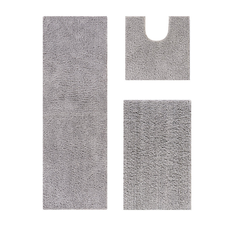 Ensemble de 3 tapis de salle de bain en peluche lavables à la machine 100% polyester de la collection Loida, Gris