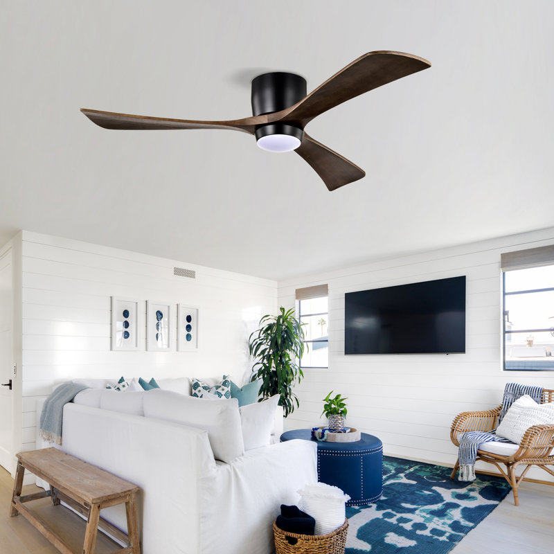 Ventilateur de plafond moderne en bois massif de 52 po à 3 pales avec télécommande et ensemble d'éclairage, Noir