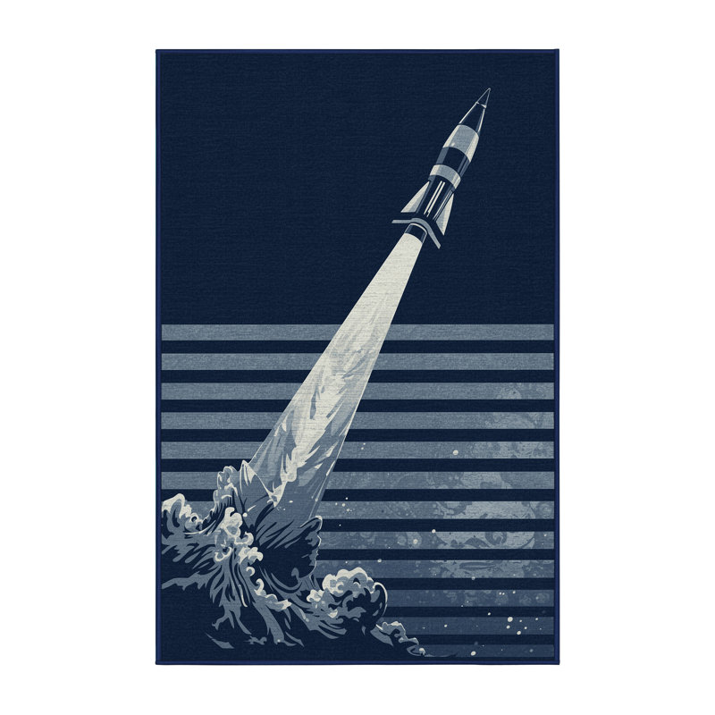 Soft Plush Eddy Modern Rocket Launch Nautical Striped Area Rug in Blue – Navy Binding, 7x9
