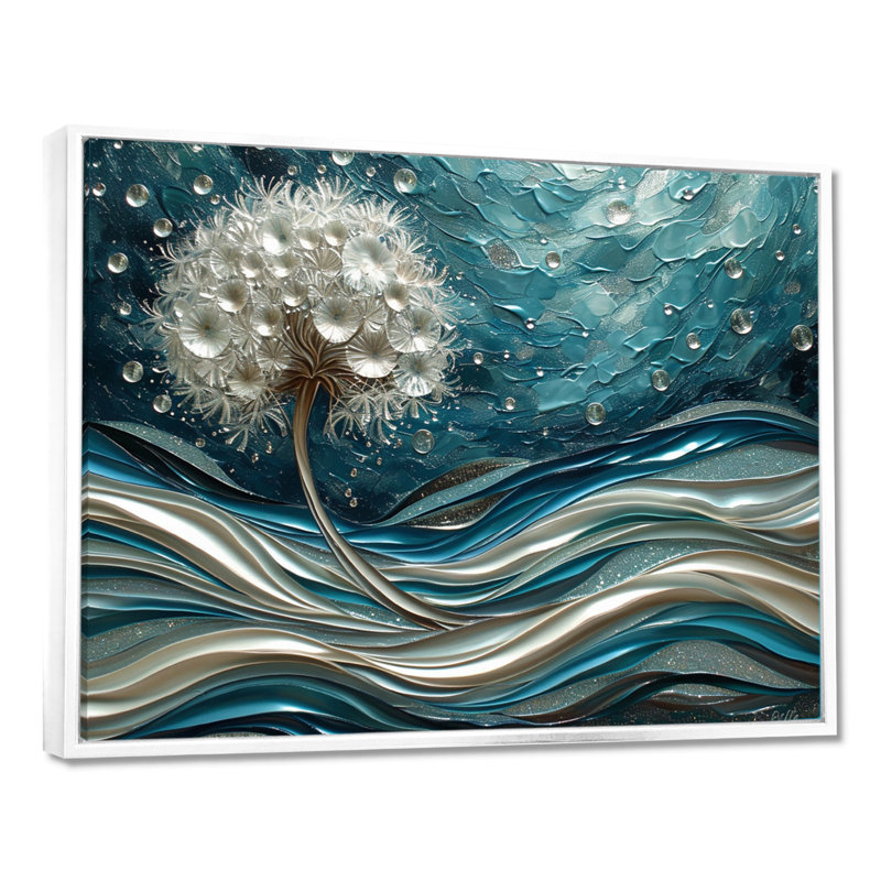 Pissenlit argenté dans des vagues turquoise éclatantes - Pissenlit, impression d'art mural, Toile encadrée flottée blanche