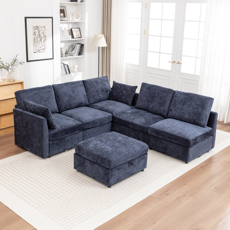 Wilroy 6-Piece Modular Corner Sectional With Storage Ottoman, Blue