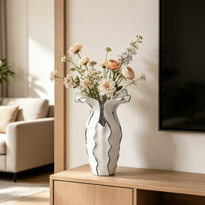 Matte White Wavy Lily Resin Vase, Modern Abstract Ruffled Edge Floral Decor Vessel, Dry Flower Tabletop Ornament for Living Room Dining Coffee Table Showroom