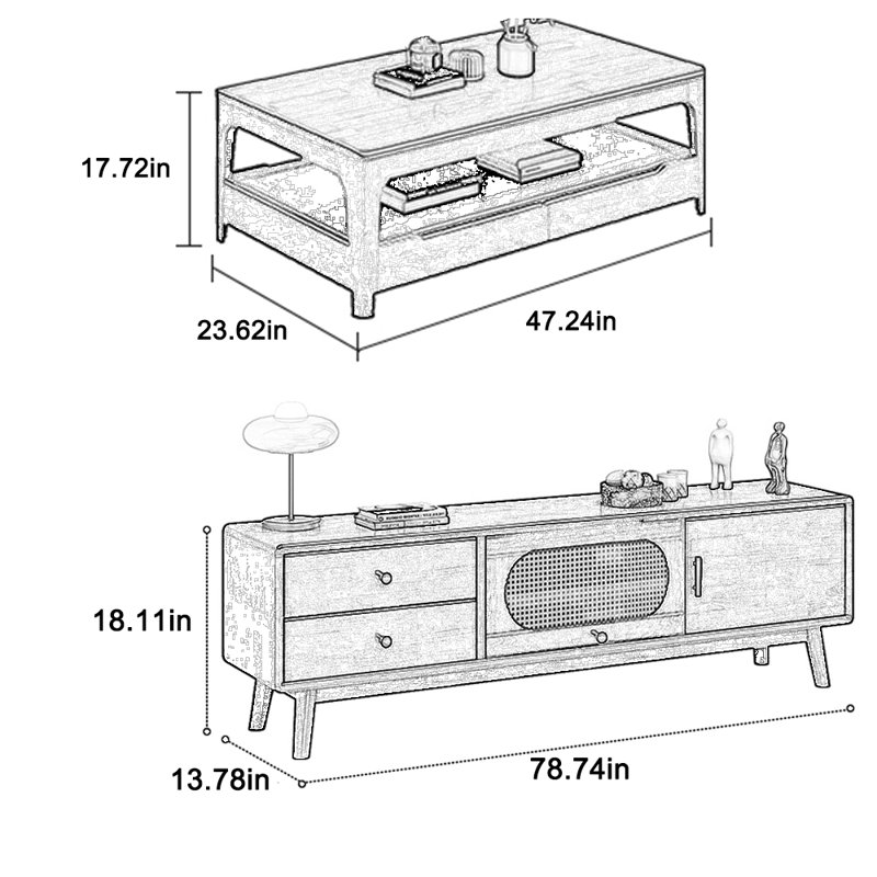 Table basse en bois massif avec meuble télé et grand casier