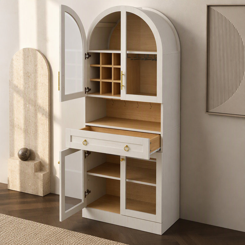 Meuble-bar arqué, haut de 178 cm, style milieu du siècle, avec tablette ajustable, 5 crochets, 9 casiers à bouteilles, 3 porte-verres, blanc