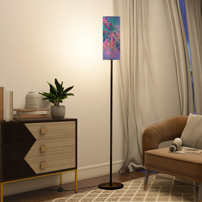  68.5" Standing Floor Lamp Seamless Botanical Floral Orchid Watercolor Design Dimmable Metal Pole Lamp with Linen Lampshade LED Bulb Included
