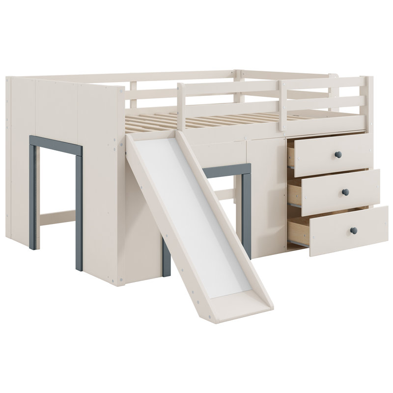 Lit mezzanine double pleine grandeur avec glissière, 3 tiroirs de rangement et 2 armoires, gris beige