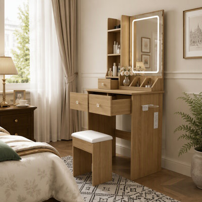 Petit meuble-lavabo moderne avec 3 lumières DEL, luminosité réglable, 3 tiroirs, tablettes ouvertes, support pour sèche-cheveux et prise de courant